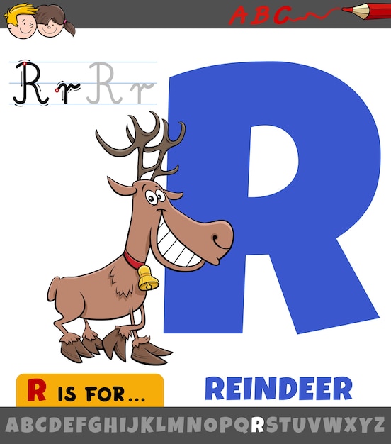 letter R worksheet with cartoon reindeer animal character