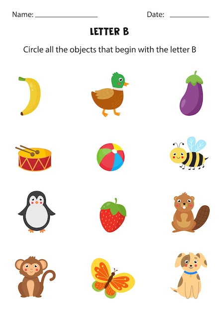 子供のための文字認識。 Bで始まるすべてのオブジェクトを丸で囲みます。