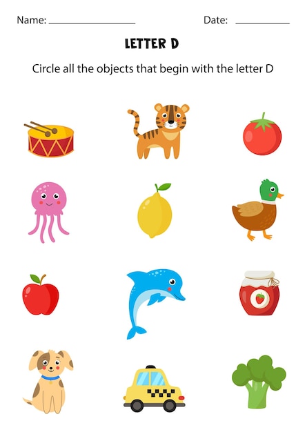 Riconoscimento delle lettere per i bambini. cerchia tutti gli oggetti che iniziano con d.