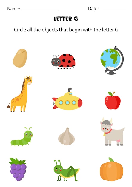 Letter recognition for kids. circle all objects that start with g.