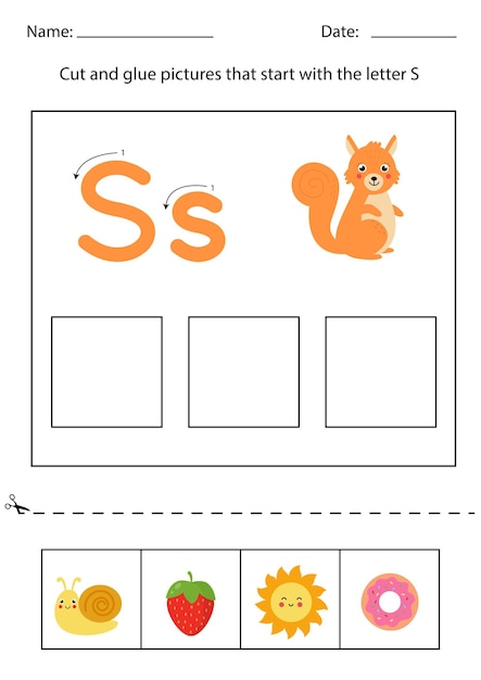 Letter recognition for kids. cut and glue. letter s.