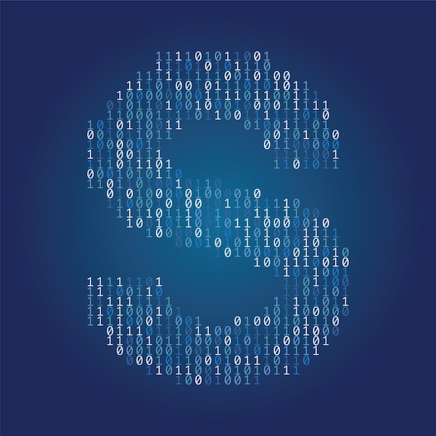 Vector letter s font made from binary code digits on a dark blue background