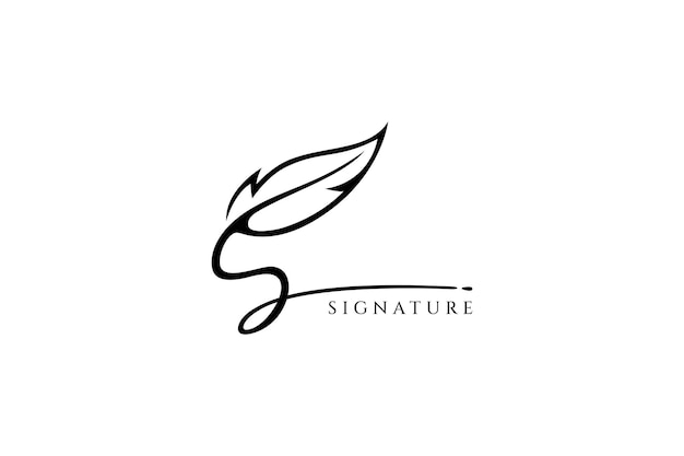 本の著者の出版社のイニシャルの紙のシンボルと白地に黒の署名の豪華でエレガントなラインアートのコンセプトの古典的な書き込みスタイルのための羽ペンのロゴ