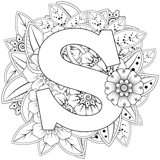 Letter s met Mehndi bloem decoratief ornament in etnische oosterse stijl kleurboekpagina