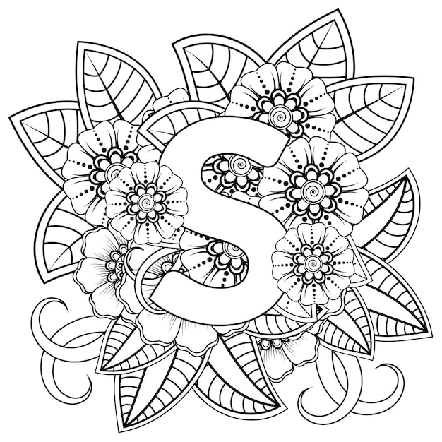 letter s met mehndi bloem decoratief ornament in etnische oosterse stijl kleurboekpagina