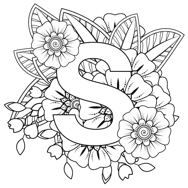 Letter S met Mehndi bloem decoratief ornament in etnische oosterse stijl kleurboekpagina