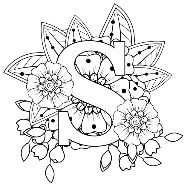 Letter S met Mehndi bloem decoratief ornament in etnische oosterse stijl kleurboekpagina