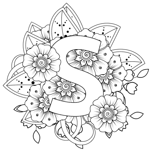 Letter S met Mehndi bloem decoratief ornament in etnische oosterse stijl kleurboekpagina