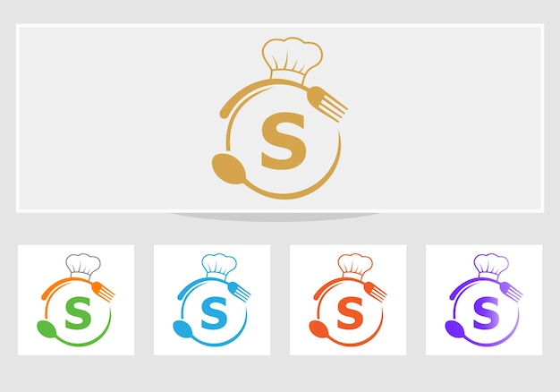 Логотип ресторана Letter S с символом шляпы шеф-повара, ложки и вилки