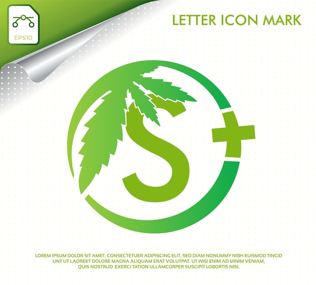 緑の大麻葉のベクトルのロゴのデザインと文字 S