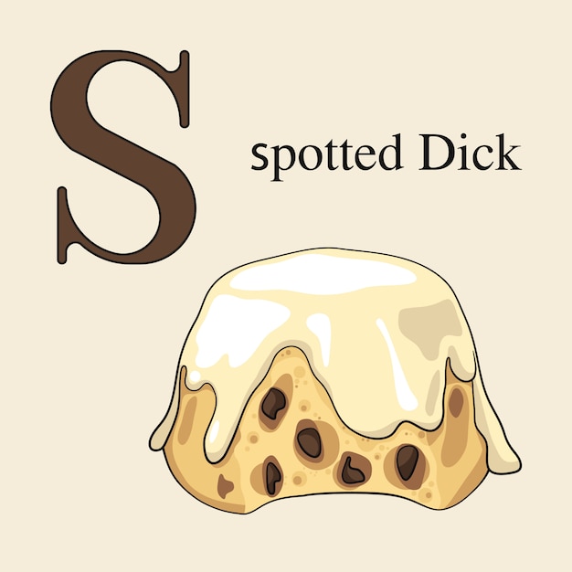 Letter s with spotted dick. illustrated english alphabet with sweets.