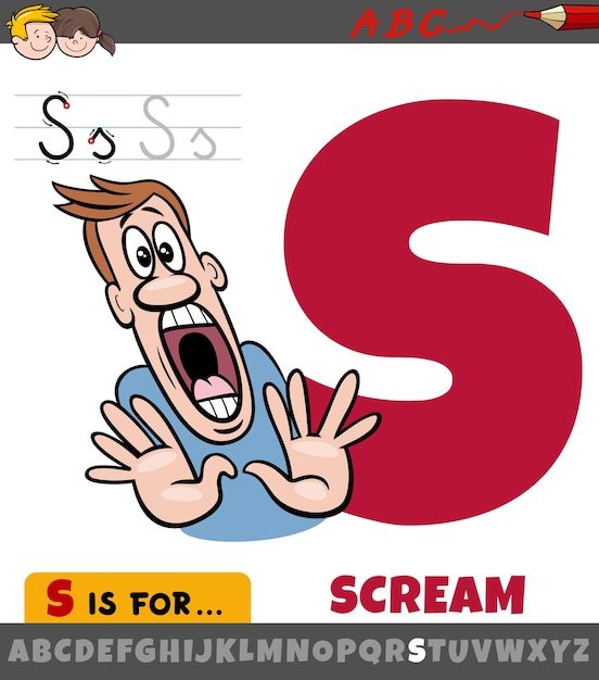 Рабочий лист буквы S с карикатурной иллюстрацией кричащего слова