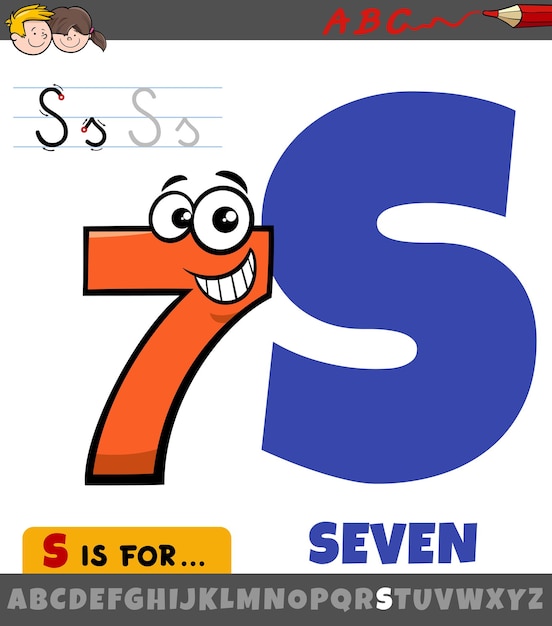 letter S worksheet with cartoon seven number