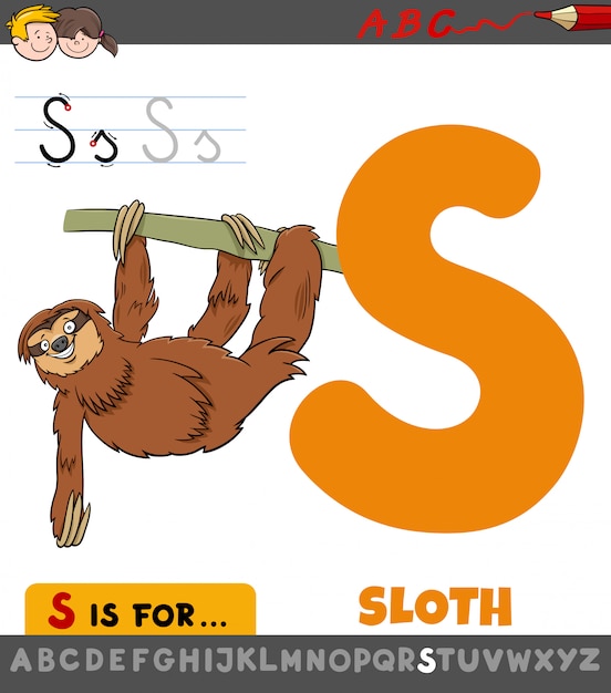 Письмо S лист с мультфильм ленивец животных
