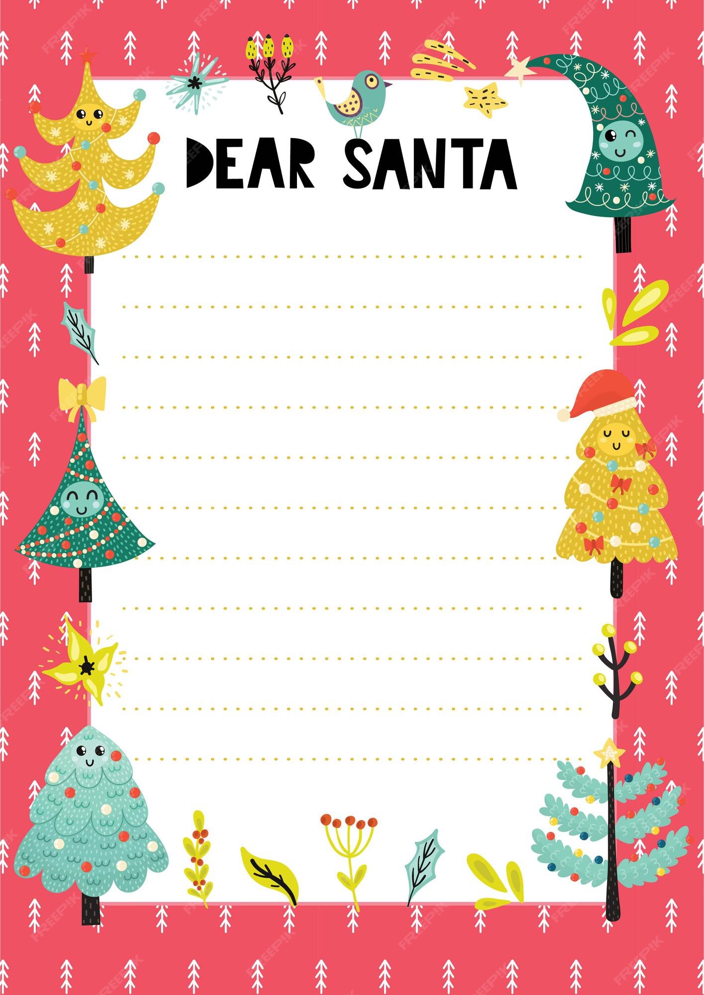Premium Vector | Letter to santa claus template with funny christmas trees. christmas wish list a4. Premium Vector | Letter to santa claus template with funny christmas trees. christmas wish list a4.