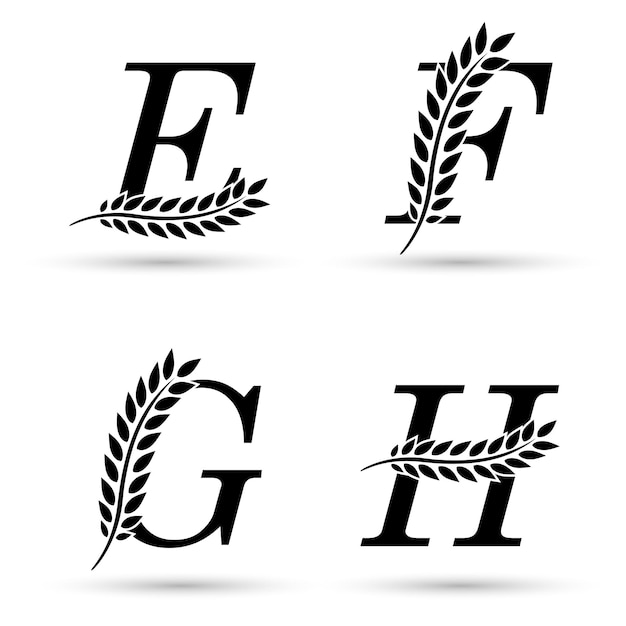 Letter set E F G and H Black and White concept includes leaves stalk