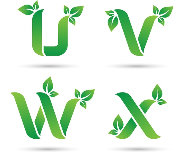 Letter set U V W and X green concept includes leaves