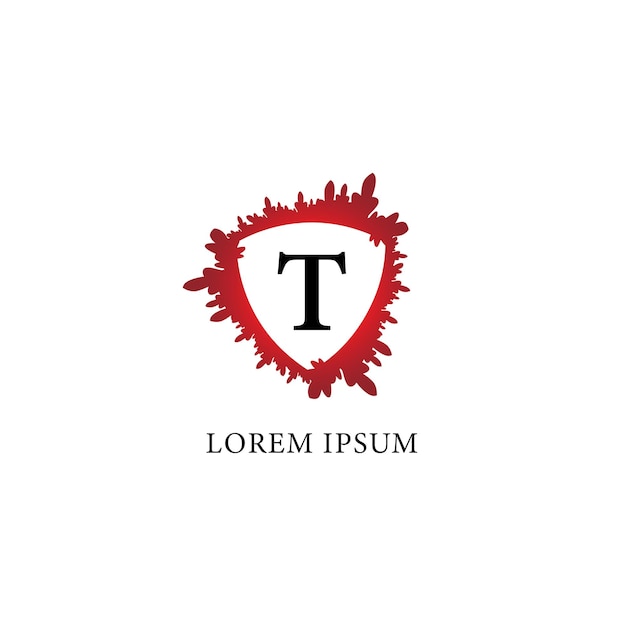 Letter T alphabet logo design template Splash of blood with shield shape in the midle Insurance Protection horror security Initial abjad logo concept Isolated on white background