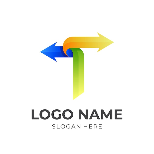 Буква t стрелка логотип, буква t и стрелка, комбинированный логотип с 3d красочным стилем