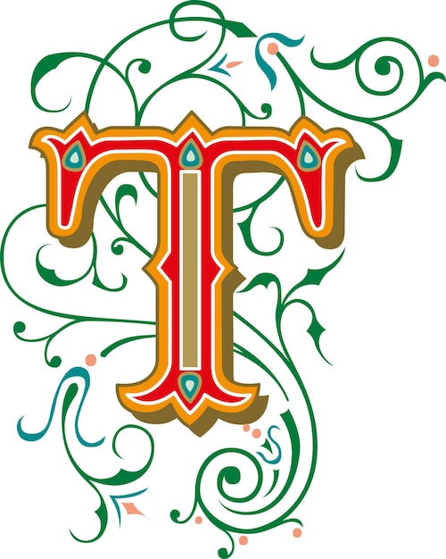 letter T Bloemen monogram. kleurrijke Vintage ornament eerste alfabet spiraal scroll stijl.
