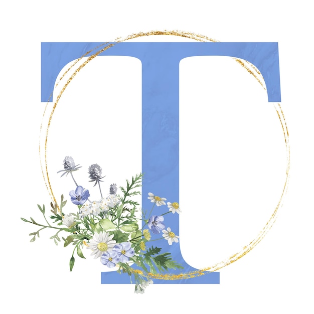 Letter T blue flower concept watercolor floral