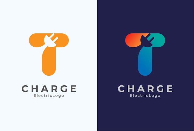 文字 T 電気プラグのロゴ、文字 T とプラグの組み合わせと 2 色のスタイル