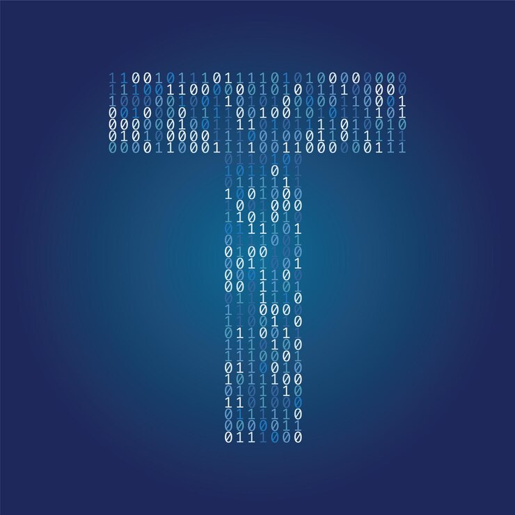 Vector letter t font made from binary code digits on a dark blue background