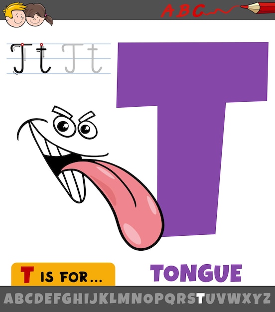 Letter t from alphabet with cartoon illustration of tongue