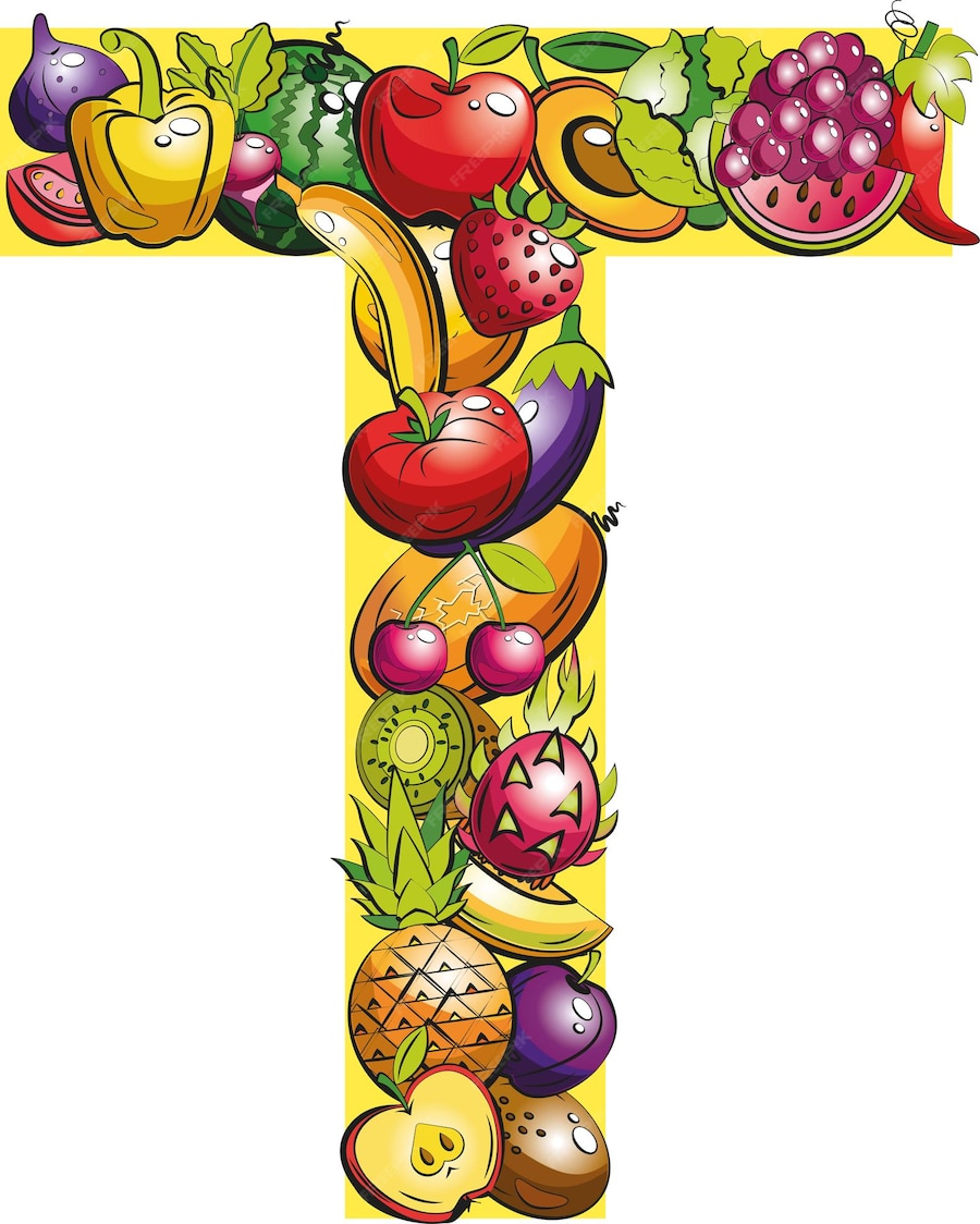 Premium Vector | Letter t. fruit letters. collage of colored fruits and