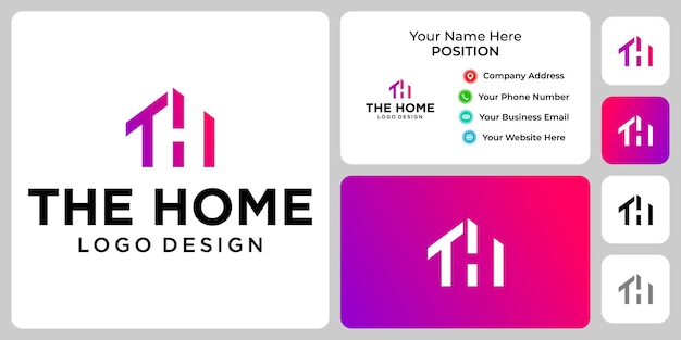 名刺テンプレートと文字THモノグラムホームロゴデザイン。