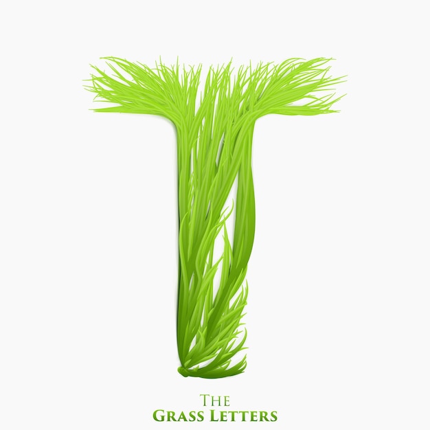 Letter t of juicy grass alphabet. green t symbol consisting of growing grass. realistic alphabet of organic plants.