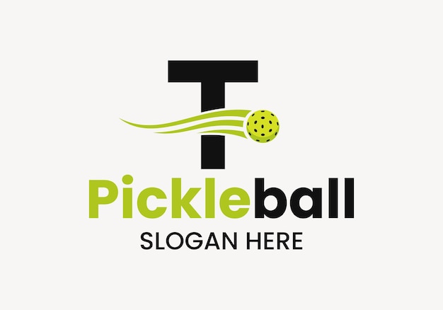 Letter t pickleball logo concept with moving pickleball symbol pickle ball logotype vector template