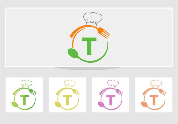 Логотип ресторана Letter T с символом шляпы шеф-повара, ложки и вилки
