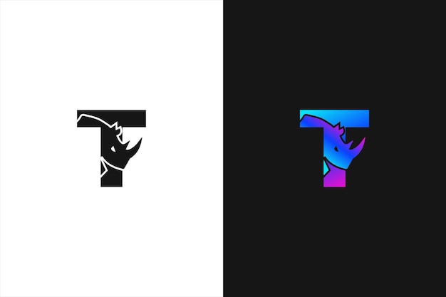 Буква T Rhino логотип комбинация Буква T и носорог плоский дизайн вектор шаблона логотипа