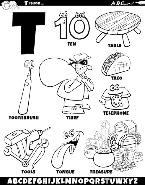 T文字セットと漫画のオブジェクトとキャラクターのカラーページ