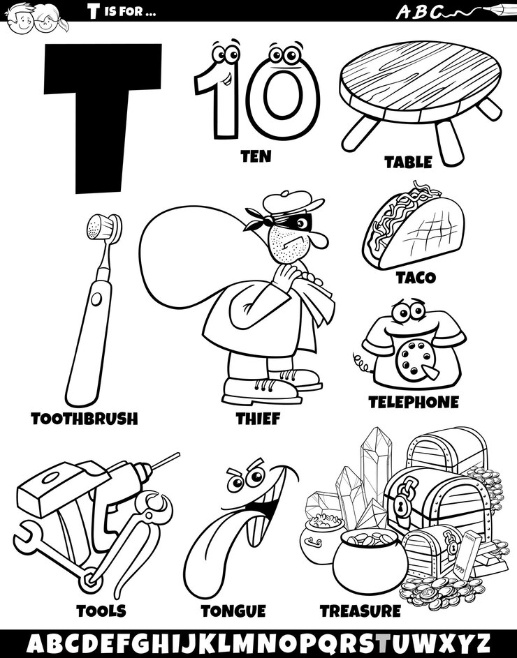 Vector t文字セットと漫画のオブジェクトとキャラクターのカラーページ