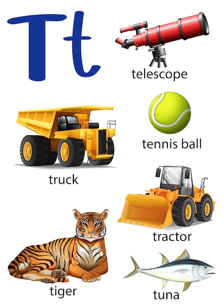 Lettera t per telescopio, camion, pallina da tennis, trattore, tigre e t