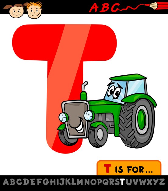 Letter t with tractor cartoon illustration