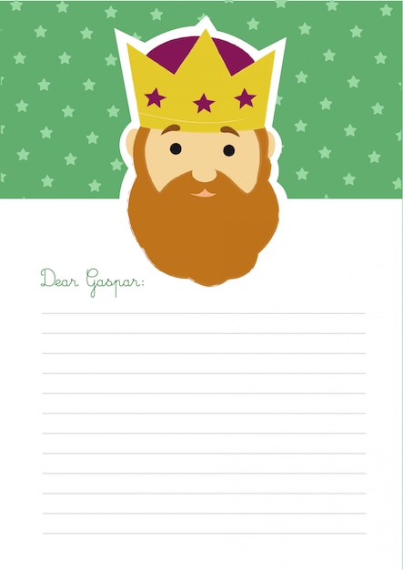 Letter template to king gaspar with his head at the top on a green background with stars