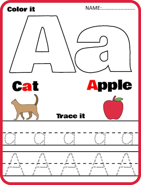 Letter A tracing alphabet worksheets Learning English vocabulary Vector illustration