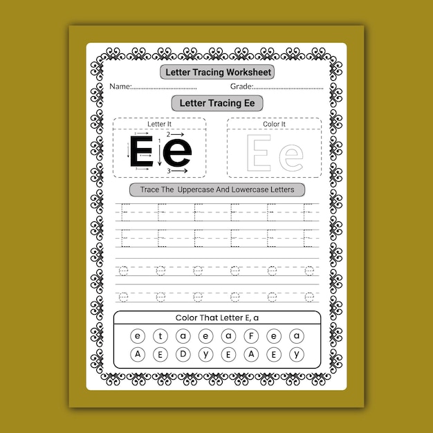 A letter tracing workshop is shown on a yellow background.