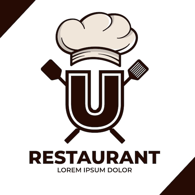 Illustrazione del design del logo del cappello da cuoco della lettera u icona del logo della caffetteria del ristorante isolata su sfondo bianco