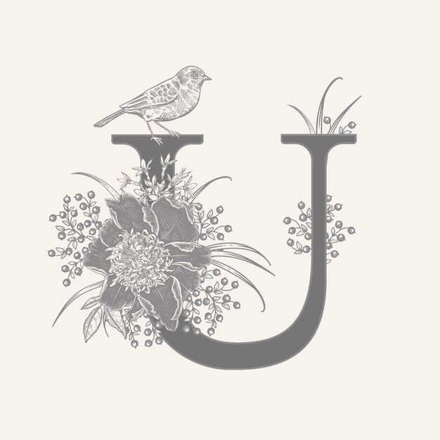 Letter U decoratieve kruiden schattige bloemen en vogels geïsoleerd Vector decoratie Zwart-wit Vintage