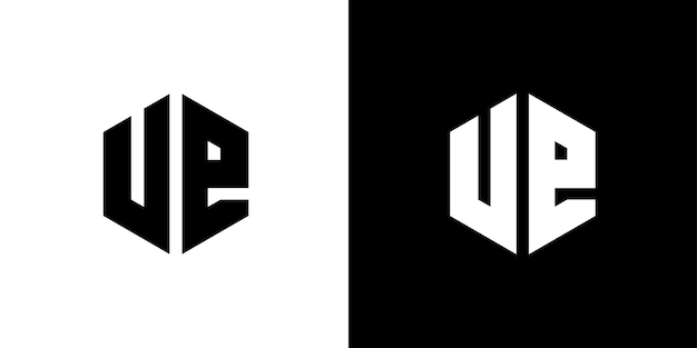 黒と白の背景に文字 UE ポリゴン六角形最小限のロゴ デザイン