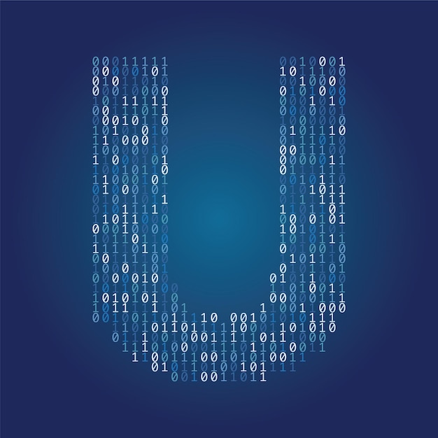 Vector letter u font made from binary code digits on a dark blue background