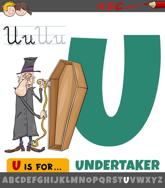 Letter u from alphabet with cartoon undertaker character