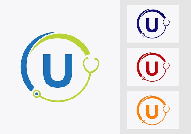 文字 U ヘルスケア シンボル医師と医療のロゴのテンプレート。聴診器のサインと医師のロゴ