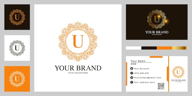 Letter u luxury ornament flower frame logo template design with business card.