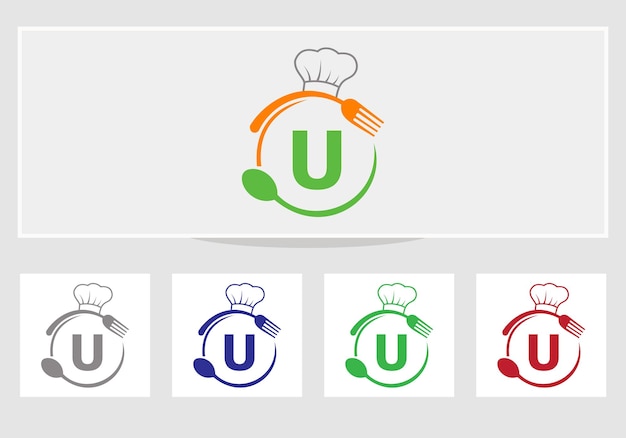 ベクトル シェフの帽子、スプーン、フォークのシンボルと文字 u レストラン ロゴ