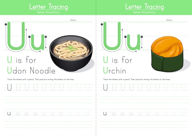 Letter u tracing food alphabet